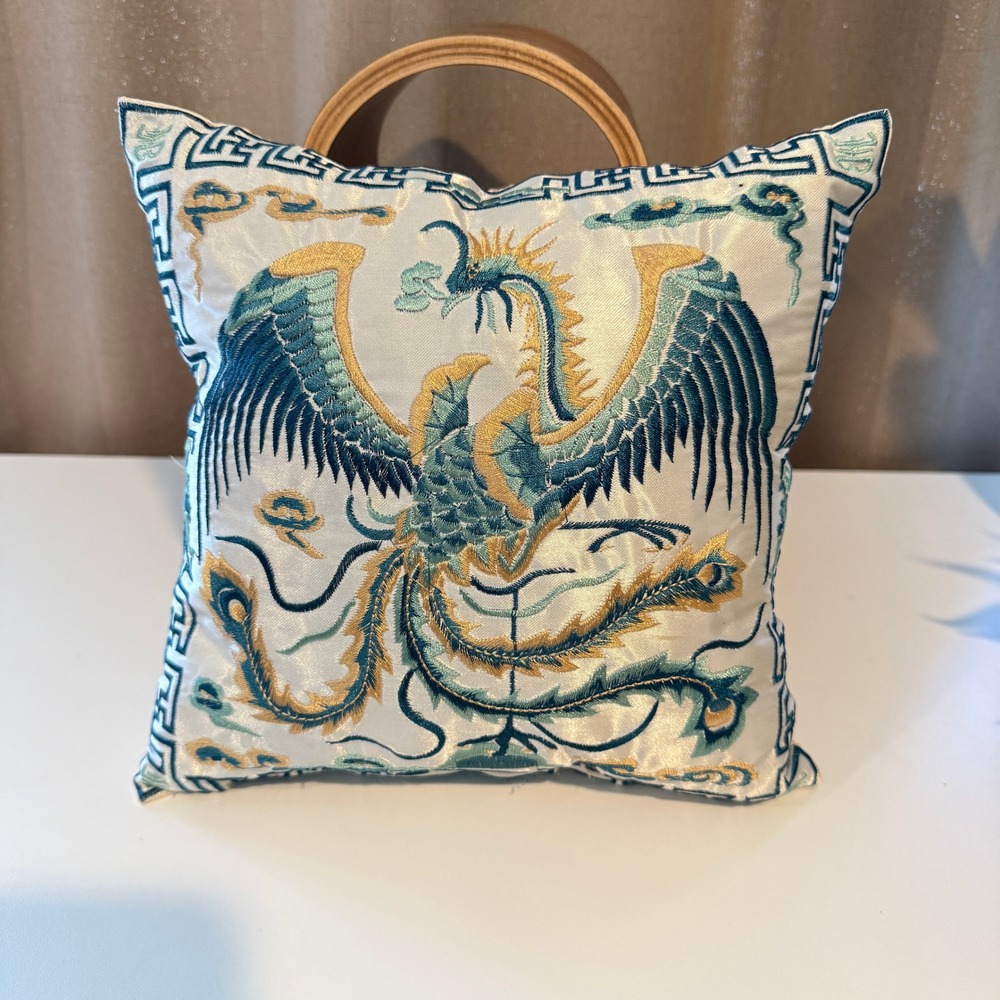 Vintage Chinoiserie Embroidered Phoenix Throw Pillow Teal Gold Cream Satin